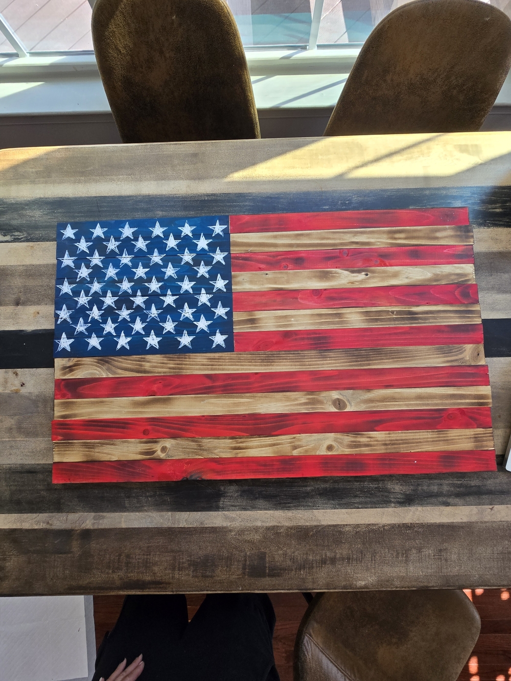 Handcrafted Wooden American Flag Wall Art - Red, Blue, Natural Wood